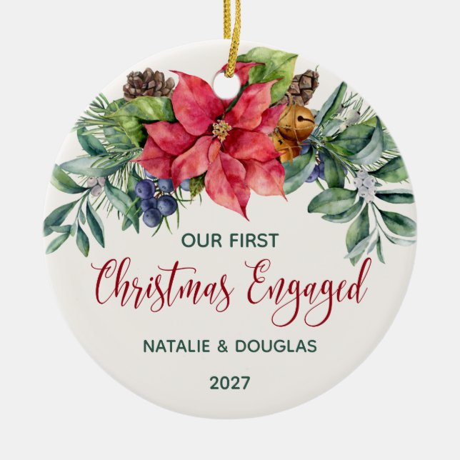 Poinsettia, Our 1st Christmas Engaged Photo Ceramic Ornament (Front)