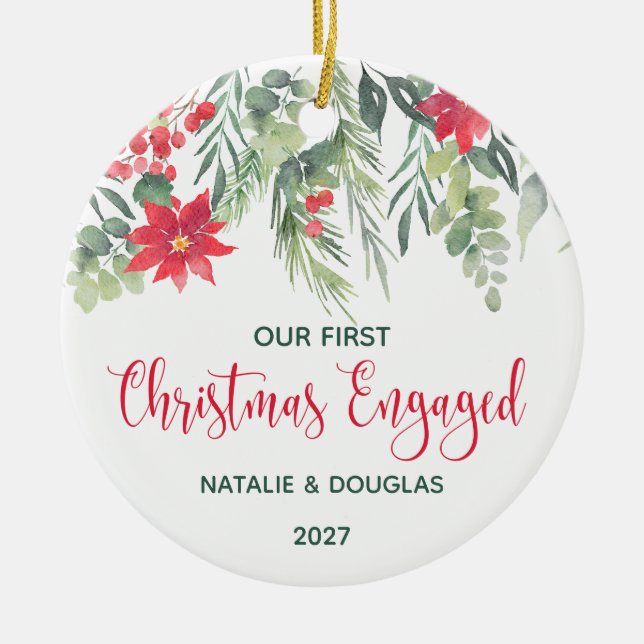 Poinsettia, Our 1st Christmas Engaged Photo Ceramic Ornament (Front)