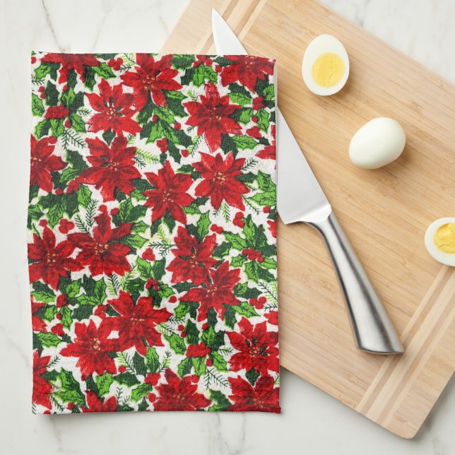 Poinsettia Pattern Christmas Tea Towel (Quarter Fold)