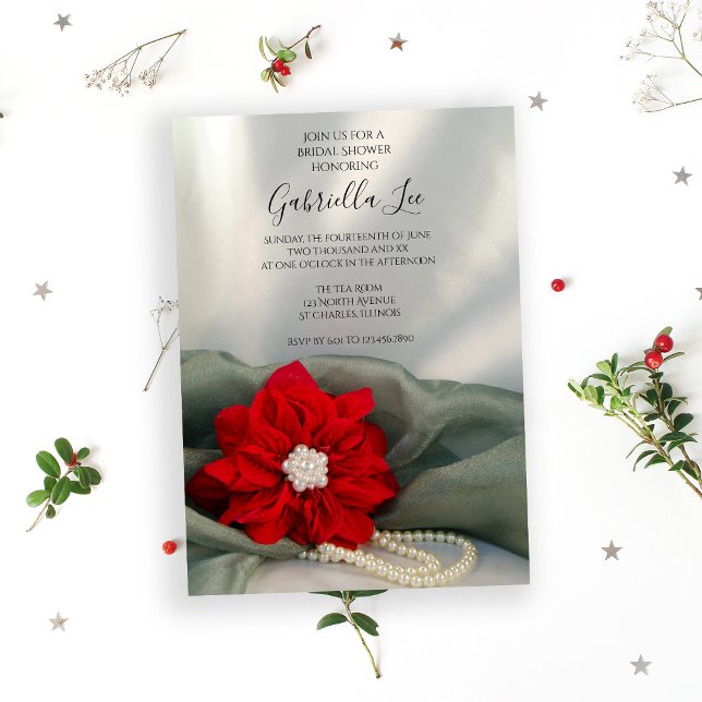 Poinsettia Pearls on Green Winter Bridal Shower Invitation (Invite guests to your December event with the Poinsettia and Pearls Winter Bridal Shower Invitation.)