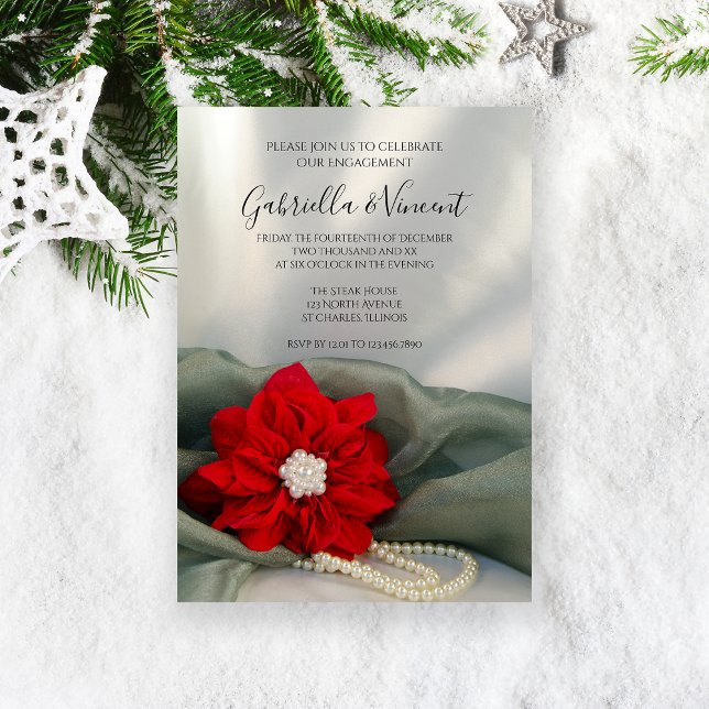 Poinsettia Pearls on Green Winter Engagement Party Invitation (Celebrate your December winter engagement with the Poinsettia and Pearls Party Invitation.)