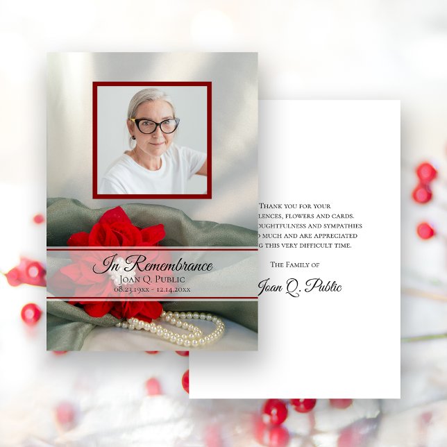 Poinsettia Pearls Winter Funeral Memorial Sympathy Thank You Card (Creator Uploaded)