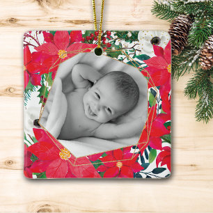 Poinsettia Photo Frame First Time Grandparents Ceramic Ornament