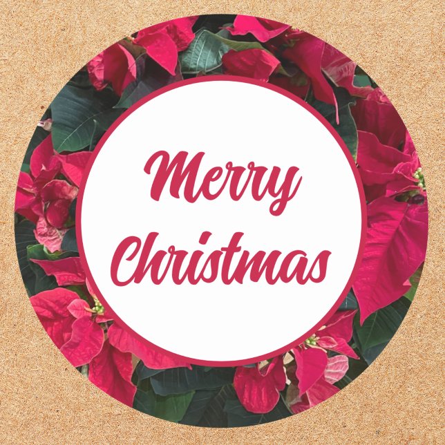 Poinsettia Photo Red Merry Christmas Classic Round Sticker (Creator Uploaded)