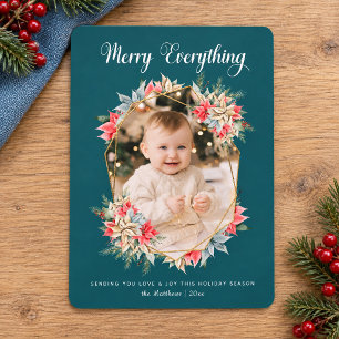 Poinsettia Photo Teal Merry Everything Christmas Holiday Card