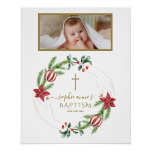 Poinsettia Pine Berry Photo Baptism Welcome Sign