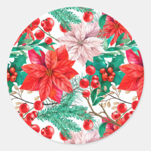 Poinsettia, Pine Boughs and Red Berries    Classic Round Sticker