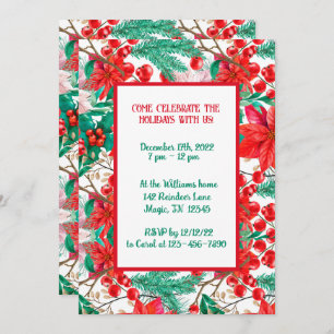 Poinsettia, Pine Boughs and Red Berries  Invitation