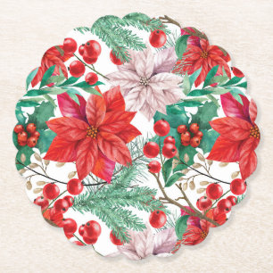 Poinsettia, Pine Boughs and Red Berries Paper Coaster