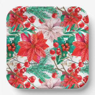 Poinsettia, Pine Boughs and Red Berries Paper Plate