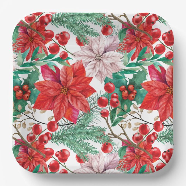 Poinsettia, Pine Boughs and Red Berries   Paper Plate (Front)