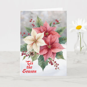 Poinsettia Pink White "'tis the Season" Christmas Card