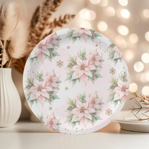 Poinsettia pink Winter gold snowflakes birthday Paper Plate