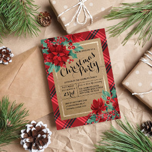 Poinsettia Plaid Tartan Kraft Rustic Christmas Invitation