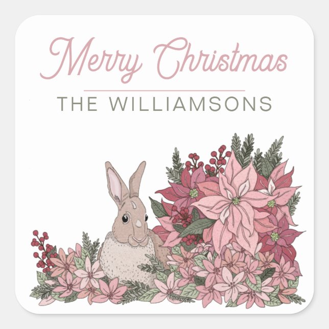 Poinsettia Rabbit Merry Christmas Pink Square Sticker (Front)