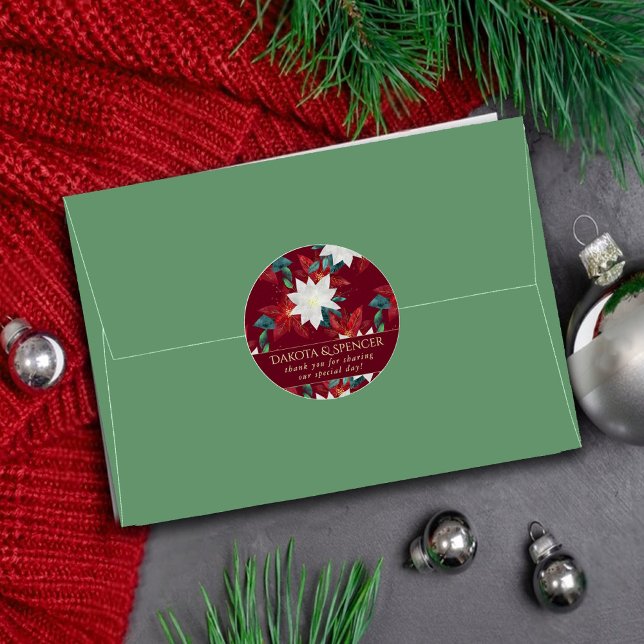 Poinsettia Red and Green Christmas Flower Wedding Classic Round Sticker (Creator Uploaded)