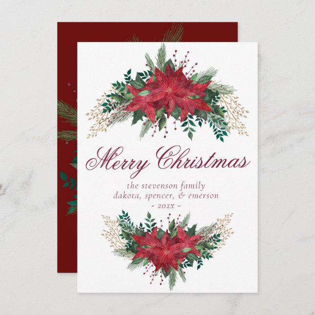 Poinsettia Red and Green Winter Floral Garland Holiday Card (Front/Back)