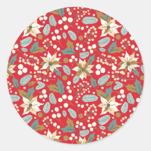Poinsettia red background winter holiday classic round sticker