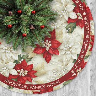 Poinsettia Red Beige Festive Words Christmas Brushed Polyester Tree Skirt