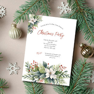 Poinsettia Red Berries Christmas Holiday Party Invitation