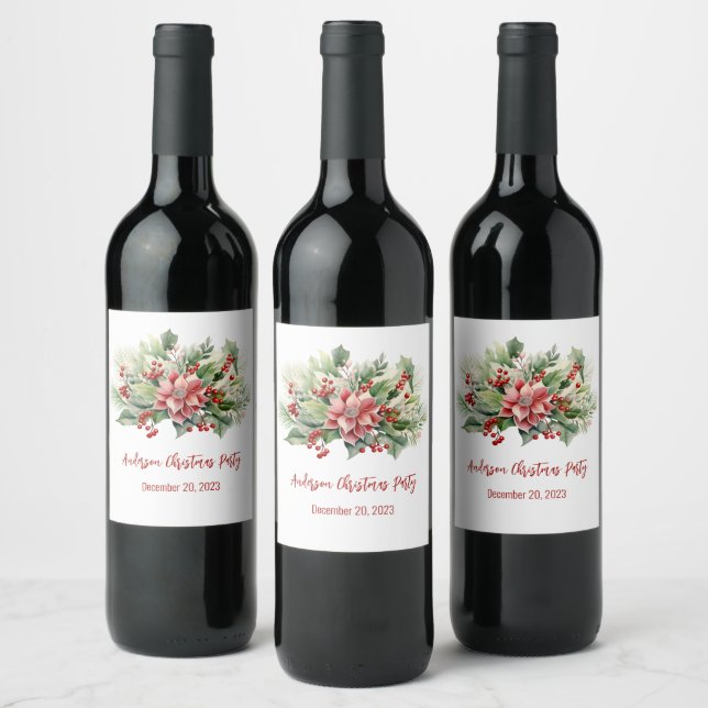 Poinsettia Red Berries Christmas Holiday Party Wine Label (Bottles)