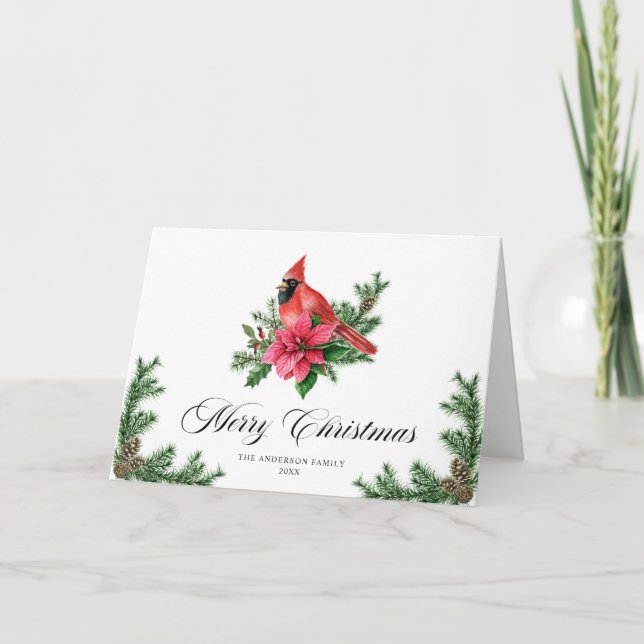 Poinsettia Red Cardinal Christmas Greeting Holiday Card (Front)
