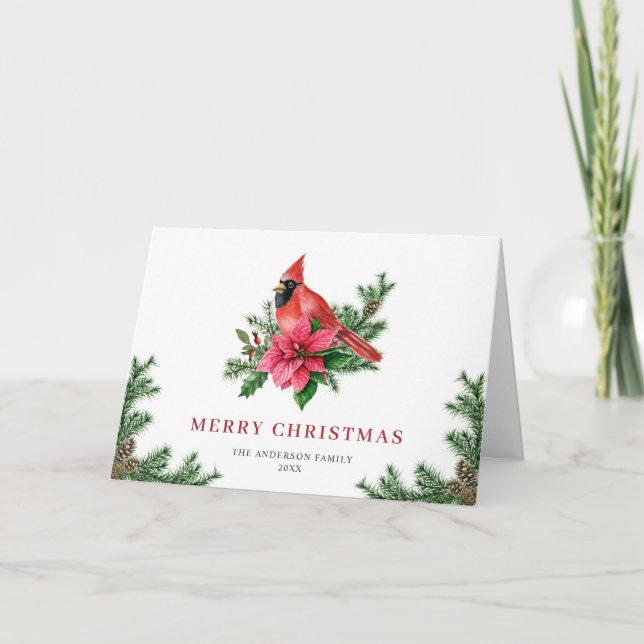 Poinsettia Red Cardinal Christmas Greeting Holiday Card (Front)