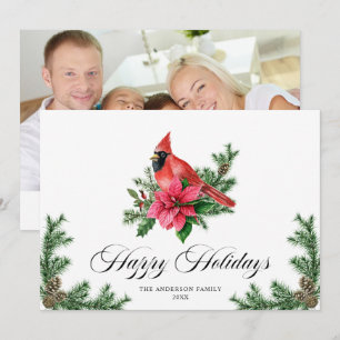 Poinsettia Red Cardinal Christmas Greeting PHOTO Holiday Card