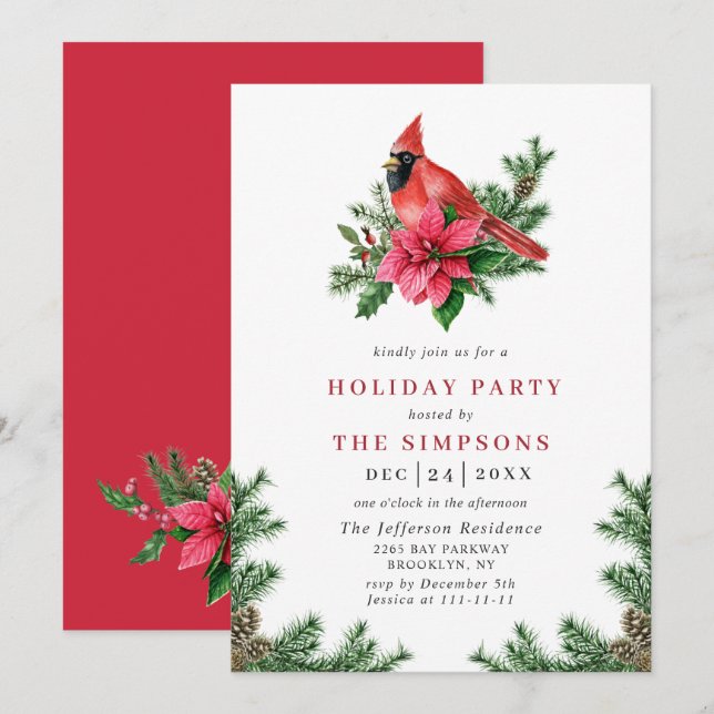 Poinsettia Red Cardinal Christmas Holiday Party Invitation (Front/Back)