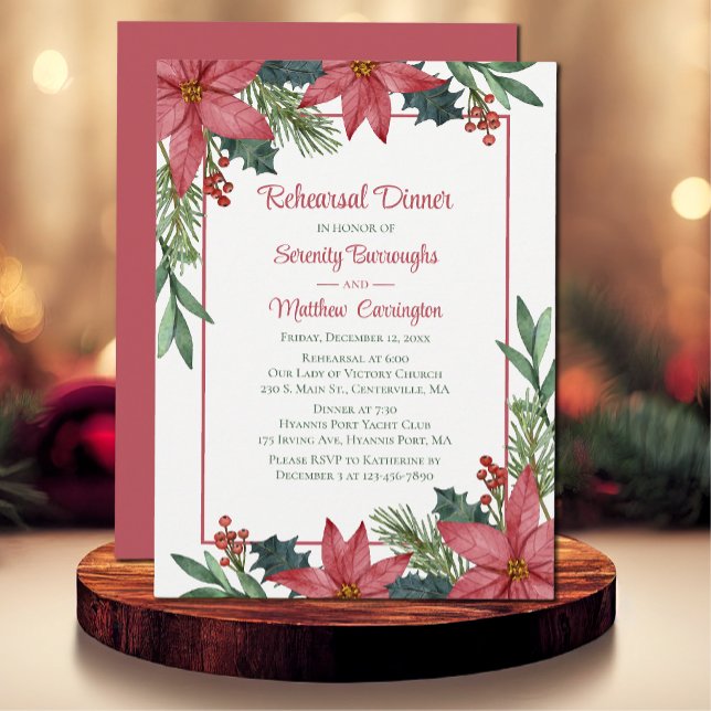 Poinsettia Red Christmas Floral Rehearsal Dinner  Invitation (Creator Uploaded)