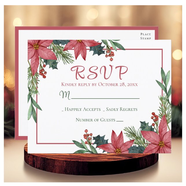 Poinsettia Red Christmas Floral Wedding RSVP  Postcard (Creator Uploaded)