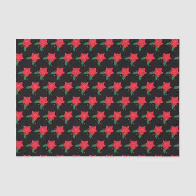 Poinsettia Red Christmas Flower Pattern on Black Tissue Paper (Front)