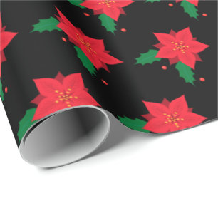 Poinsettia Red Christmas Flower Pattern on Black Wrapping Paper