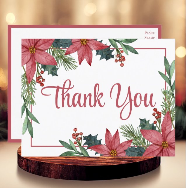 Poinsettia Red Christmas Wedding Thank You Postcard (Creator Uploaded)