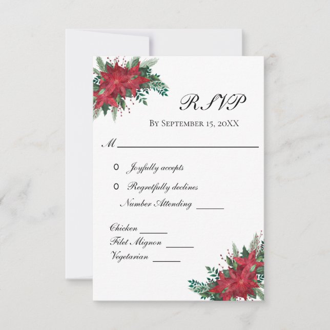 Poinsettia Red Christmas Winter Wedding RSVP Card (Front)