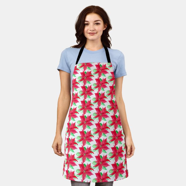 Poinsettia Red Floral Christmas Flower  Apron (Worn)