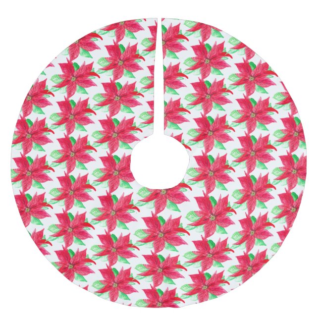 Poinsettia Red Floral Christmas Flower  Brushed Polyester Tree Skirt (Front)