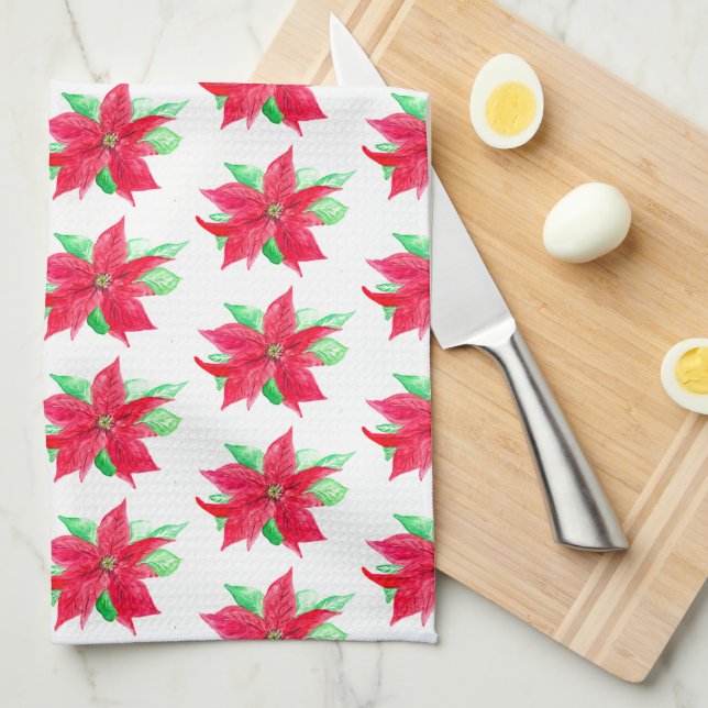 Poinsettia Red Floral Christmas Flower  Tea Towel (Quarter Fold)