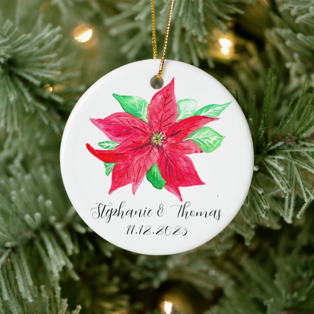Poinsettia Red Floral Christmas Flower Wedding Ceramic Ornament (Tree)