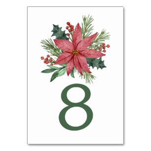 Poinsettia Red Floral Christmas Wedding Table Number