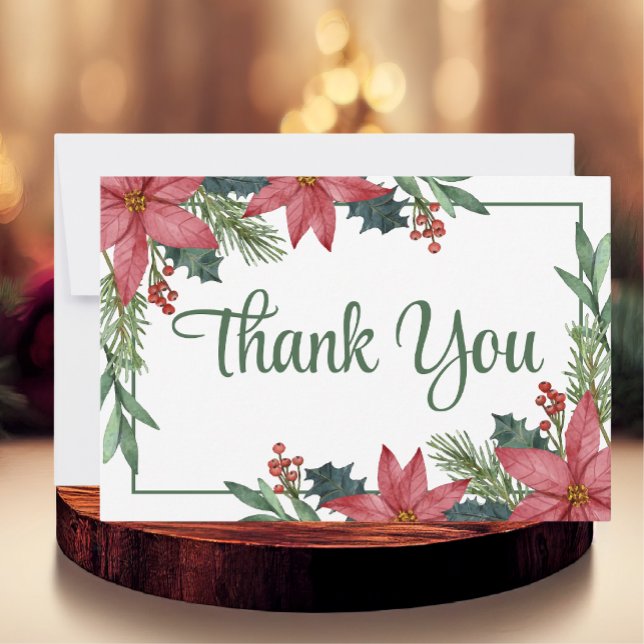 Poinsettia Red Floral Christmas Wedding Thank You Card (Creator Uploaded)