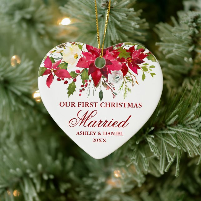 Poinsettia Red Floral First Christmas Married Ceramic Ornament (Tree)