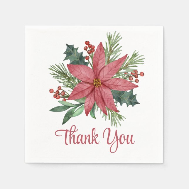 Poinsettia Red Floral Thank You Christmas   Napkin (Front)