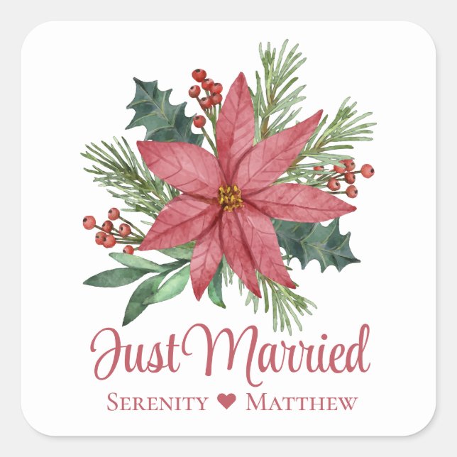 Poinsettia Red Floral Winter Just Married Wedding Square Sticker (Front)