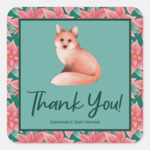 Poinsettia Red Fox Baby Shower Thank You Square Sticker