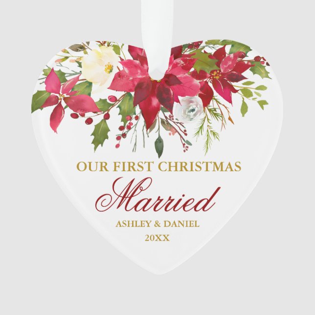 Poinsettia Red Gold First Christmas Married Heart Ornament (Front)