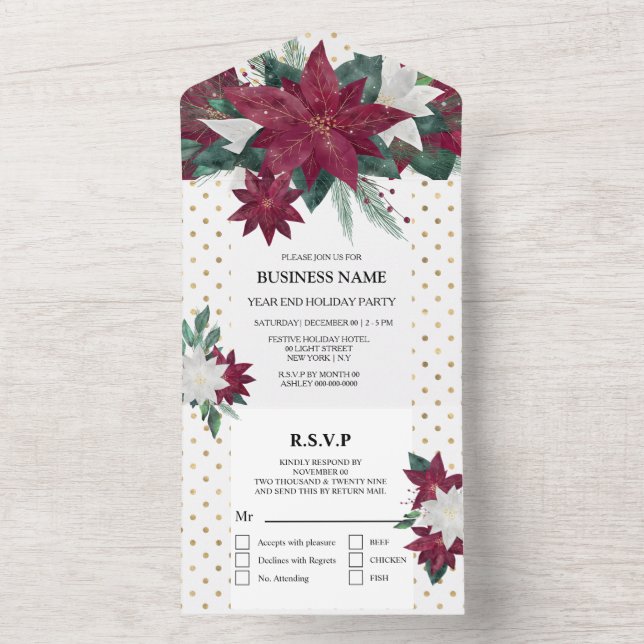 Poinsettia red gold white holiday party editable  all in one invitation (Inside)