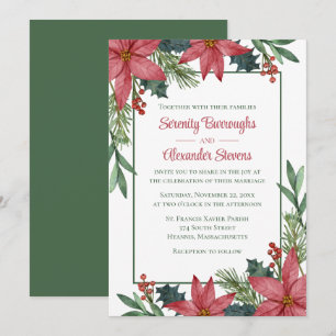 Poinsettia Red Green Floral Christmas Wedding Invitation