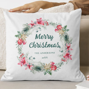 Poinsettia Red Green White Wreath Christmas Poetry Cushion