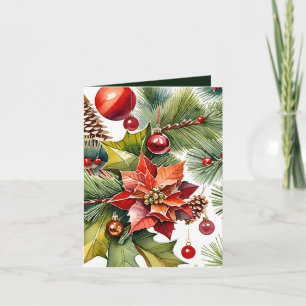 Poinsettia & Red Ornament Photo & Fact Christmas Card